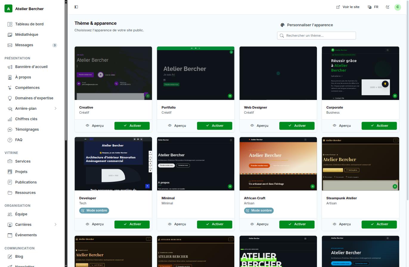 The theme gallery: each card previews a theme with your own content, with Preview and Activate buttons.